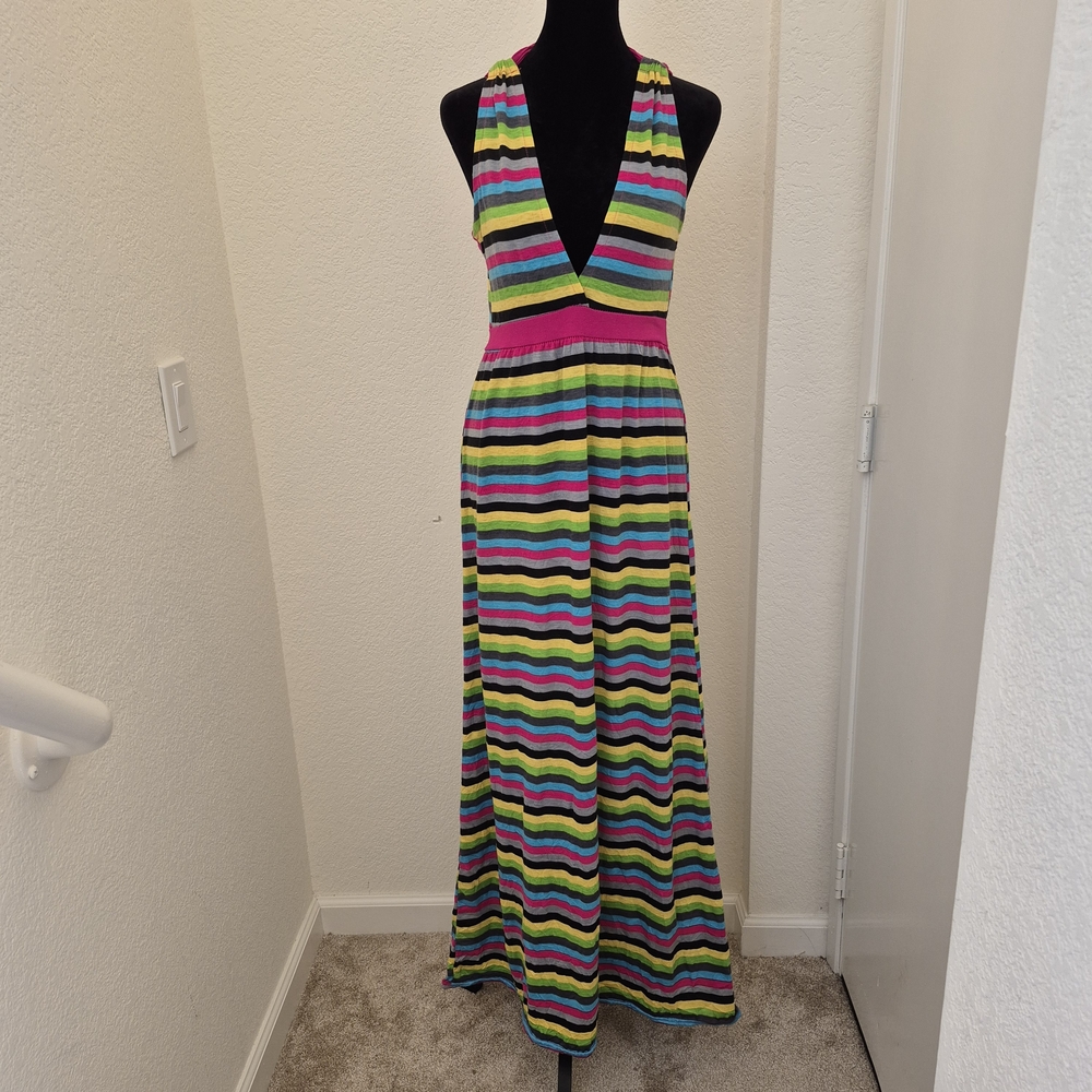 Multicolor Striped Maxi Dress with pink lining and halter neck
